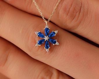 14K Gold Sapphire Necklace, Minimalist Gold Flower Sapphire Necklace, 14K Solid Gold Anniversary Necklace, Handmade Sapphire Necklace