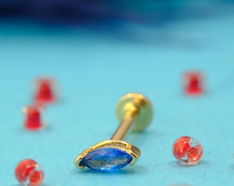 Handmade 14K Gold Sapphire Tragus,  Real 14K Gold Sapphire Cartilage Tragus, Sapphire Cartilage Screwing Tragus, Summer Jewelry