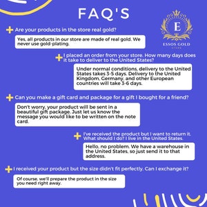May include: A blue and yellow graphic with a white text box containing frequently asked questions about a gold store. The text box includes questions about the authenticity of the gold, shipping times, gift wrapping, returns, and exchanges. The store logo is in the upper right corner and says "ESSOS GOLD STORE".