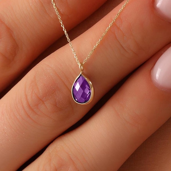 14K Gold Amethyst Necklace, 14K Real Gold Anniversary Necklace, Dainty initial Amethyst Pendant, Tiny Oval Amethyst Necklace, Christmas Gift