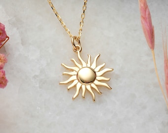 14K Gold Sun Necklace, Minimalist Gold Sun Necklace, 14K