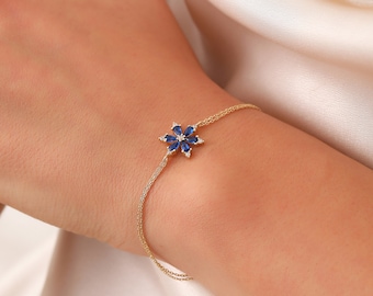 14K Gold Sapphire Bracelet, Minimalist Flower Sapphire Bracelet, 14K Real Gold Anniversary Bracelet, Handmade 14K Sapphire Bracelet