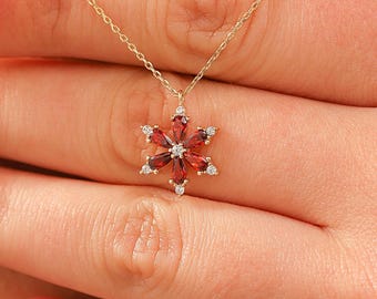 14K Gold Ruby Necklace, Solid 14K Gold Anniversary Necklace, Dainty initial Ruby Pendant, Minimalist Flower Ruby Pendant, Summer Jewelry