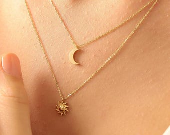 14K Gold Couple Necklace, 14K Solid Gold Celestial Necklace, Minimalist Moon Pendant, Dainty initial Sun Pendant, Christmas Gift