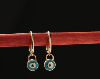14K Solid Gold Evil Eye Dangle Earrings, Handmade