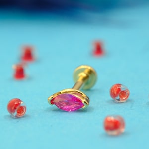 Handmade 14K Gold Ruby Tragus, Minimalist Gold Ruby Tragus, 14K Real Gold Ruby Cartilage Tragus, 5.00 MM Gold Ruby Cartilage Screwing