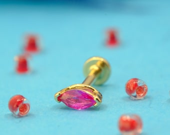 Handmade 14K Gold Ruby Tragus, Minimalist Gold Ruby Tragus, 14K Real Gold Ruby Cartilage Tragus, 5.00 MM Gold Ruby Cartilage Screwing