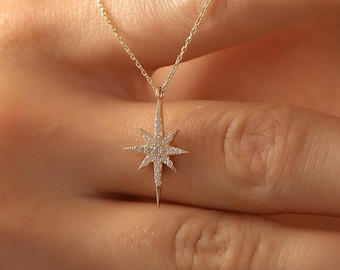 Collana Stella Polare, Ciondolo Celeste Minimalista, Collana Stella in Oro Massiccio 14K, Delicata Collana Stella Polare con Iniziale, Regalo di Natale