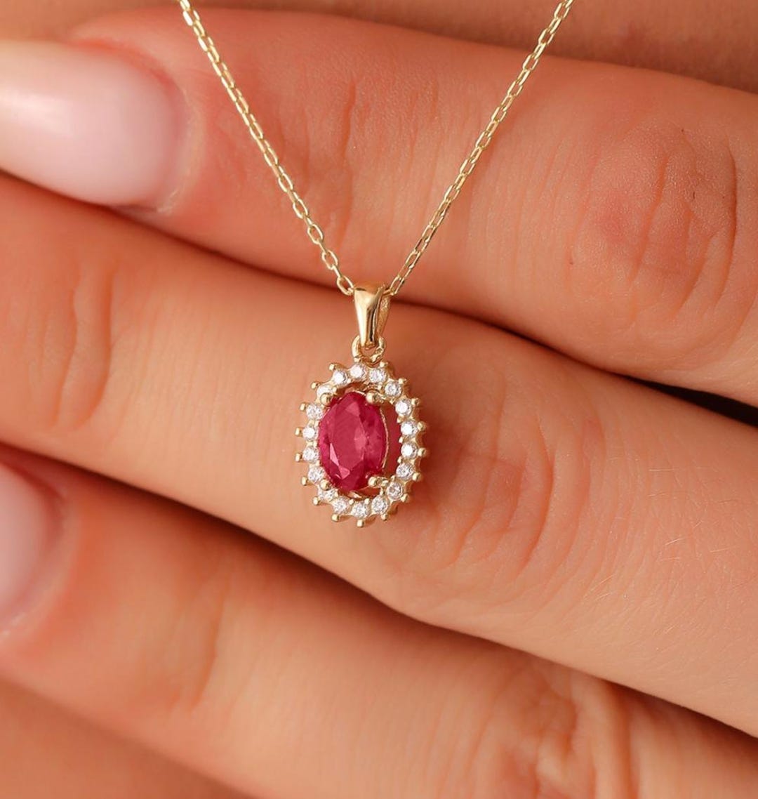 14K Gold Ruby Necklace, Handmade Ruby Pendant, 14K Solid Gold ...