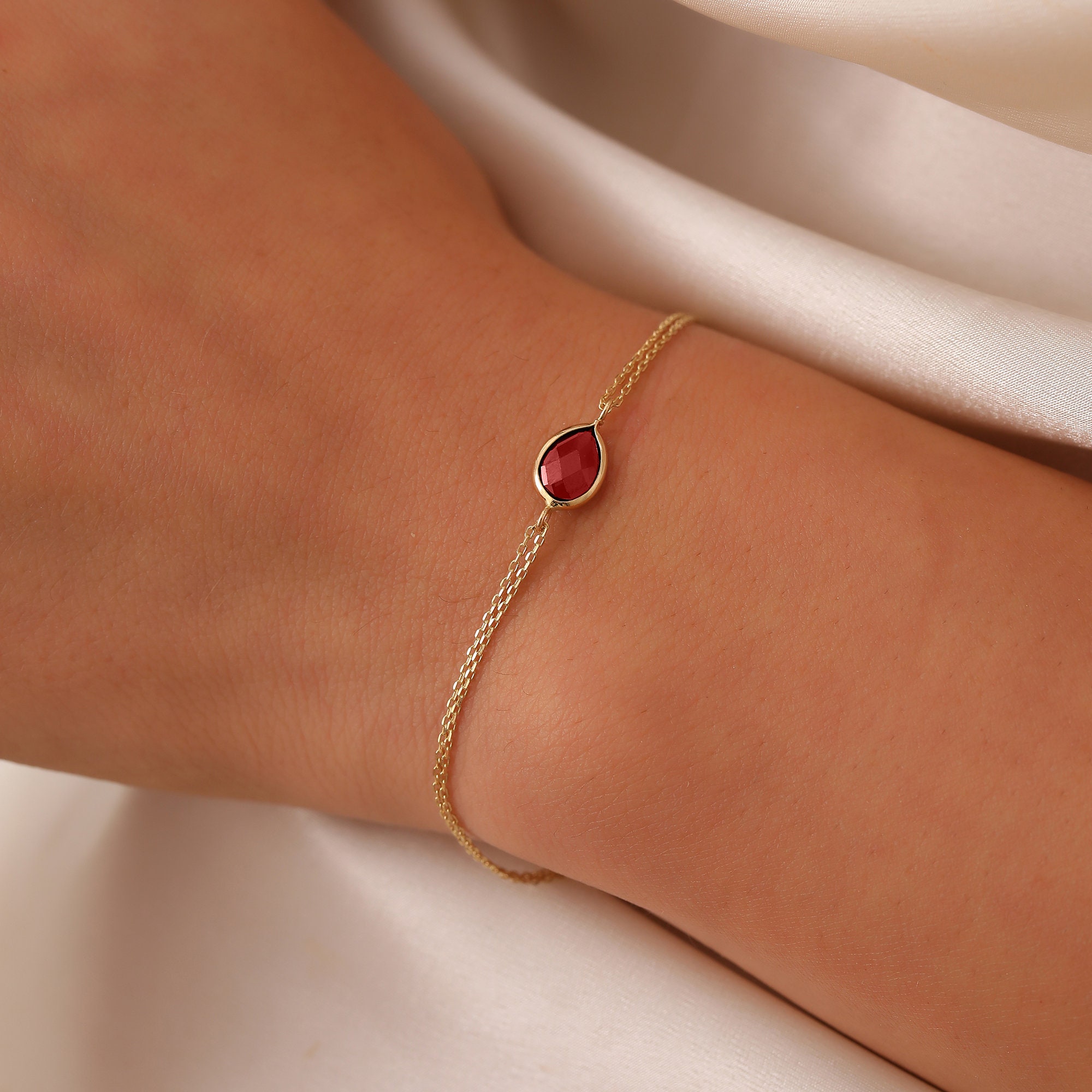 14K Gold Oval Ruby Bracelet, Minimalist Ruby Bracelet, 14K