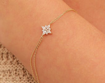 Bracciale a forma di fiore, bracciale a forma di fiore in oro massiccio 14 carati, delicato bracciale a forma di fiore personalizzato, bracciale a forma di fiore minimalista in oro 14 carati, regalo di Natale