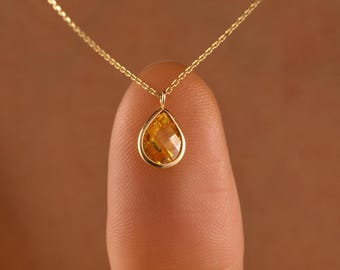 Drop Yellow Topaz Jewelry, 10K 14K Real Gold Yellow Topaz Necklace, Dainty initial Teardrop Pendant