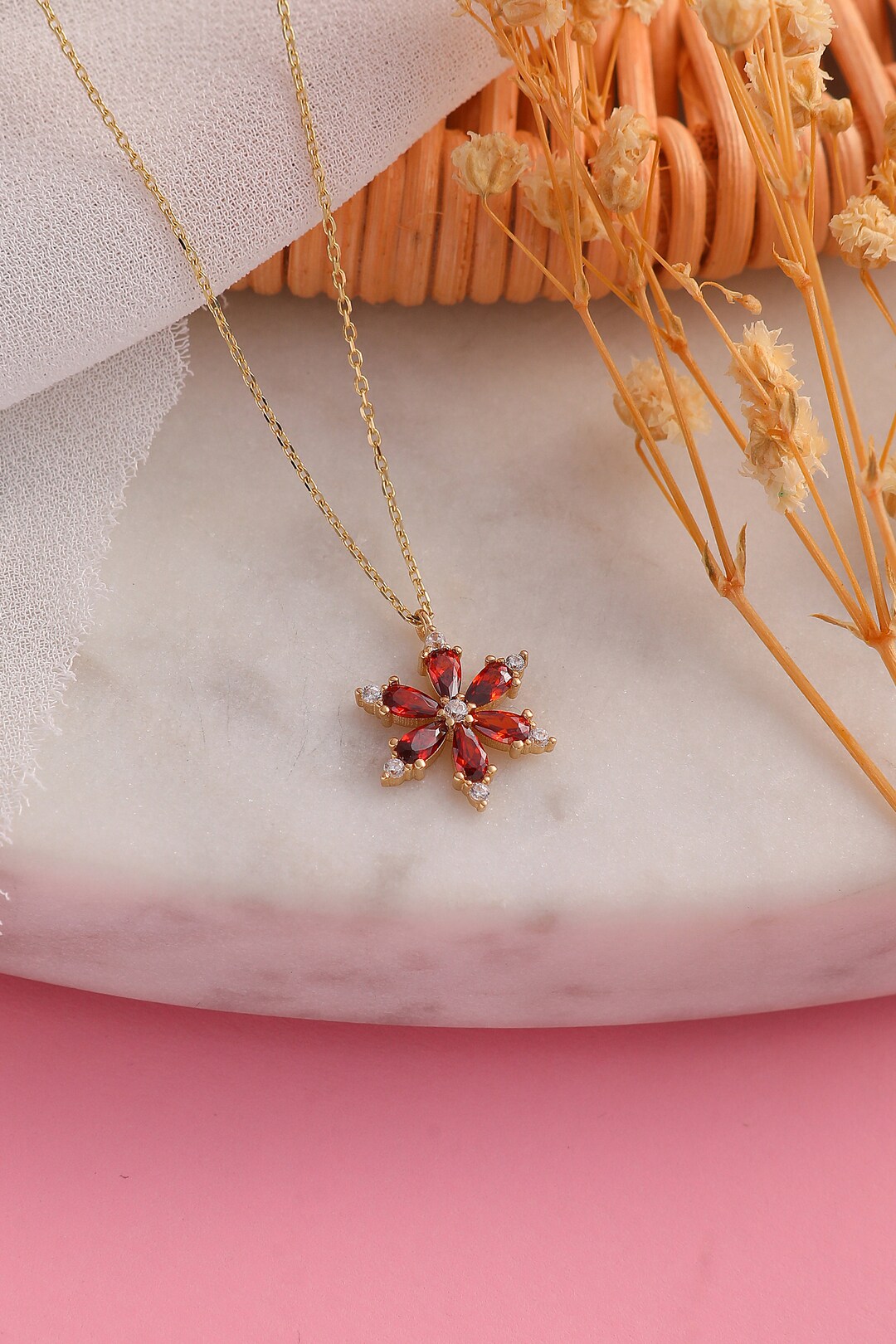 14K Gold Ruby Necklace, Solid 14K Gold Anniversary Necklace, Dainty ...