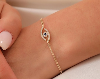 14K Gold Eye Bracelet, Solid 14K Gold Evil Eye Bracelet, Dainty Custom Eye Bracelet, Minimalist Evil Eye Bracelet, Christmas Gift