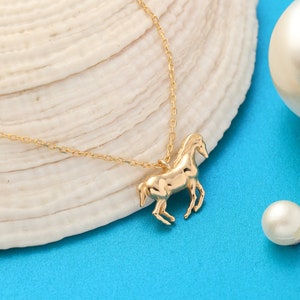 May include: A gold chain necklace with a horse pendant. The necklace is on a white seashell and a blue background.