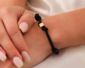 Personalized Bracelet, 14K Solid Gold Cube Bracelet, Dainty initial Black Rope Cube Bracelet, Minimal Geometric Cube Bracelet, Birthday Gift
