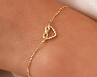 Tiny Heart Knot Bracelet, 14K Solid Gold Anniversary Bracelet, Dainty initial Knot Bracelet, Minimalist 14K Gold Heart Knot Bracelet