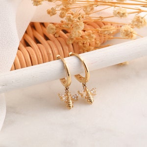 Bee Earrings, 14K Solid Gold Bee Earrings, Dainty initial Bee Earrings, Minimalist Animal Earrings, Christmas Gift, Birthday Gift