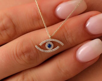 14K Gold Eye Necklace, Minimalist Evil Eye Pendant, 14K Solid Gold Eye Necklace, Dainty initial Evil Eye Necklace, Summer Jewelry