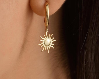 14K Solid Gold Sun Earrings, Celestial Hoops, Dainty Goldshine Jewelry