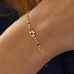 Tiny Gold Evil Eye Bracelet, 14K Solid Gold Eye Bracelet, Dainty initial Eye Bracelet, Handmade Gold Evil Eye Bracelet, Great Gift For Her