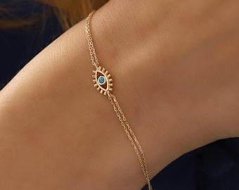 Tiny Gold Evil Eye Bracelet, 14K Solid Gold Eye Bracelet, Dainty initial Eye Bracelet, Handmade Gold Evil Eye Bracelet, Great Gift For Her