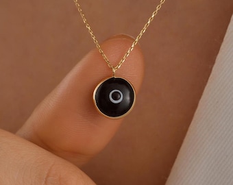 14K Solid Gold Evil Eye Pendant Necklace, Dainty Initial Necklace