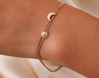 14K Gold Couple Bracelet, 14K Solid Gold Celestial Bracelet, Dainty initial Moon Bracelet, Minimalist Moon And Sun Bracelet, Summer Jewelry