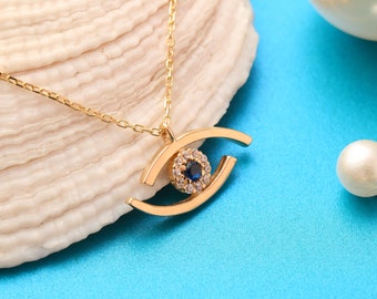 Tiny Eye Necklace, Handmade Evil Eye Pendant, 14K Solid Gold Eye Necklace, Dainty initial Evil Eye Necklace, Christmas Gift, Birthday Gift