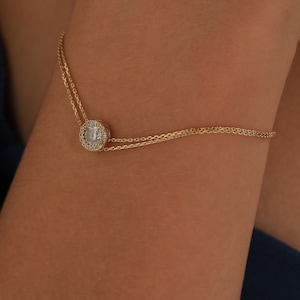 14K Gold Baguette Bracelet, Real 14K Gold Anniversary Bracelet, Dainty initial Round Baguette Bracelet, Minimalist Baguette Bracelet