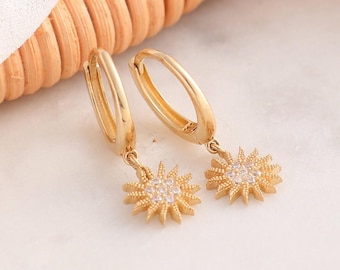 Gold Sun Earrings , 14K Gold Hoop Earrings Gold Celestial  display picture 1