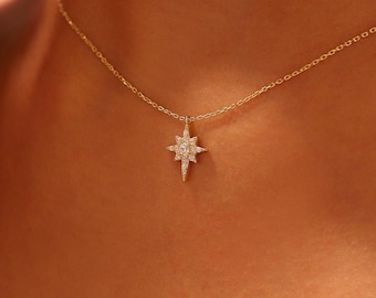 North Star Necklace, Minimalist Star Pendant, 14K Solid Gold North Star Necklace, Dainty initial North Star Necklace, Christmas Gift