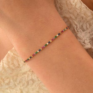 14K Solid Gold Tennis Bracelet, Dainty Custom Rainbow Tennis Bracelet, Minimalist Gold Rainbow Bracelet, Christmas Gift, Rainbow Bracelet