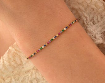 Bracciale tennis in oro massiccio 14 carati, delicato braccialetto tennis arcobaleno personalizzato, braccialetto arcobaleno in oro minimalista, regalo di Natale, braccialetto arcobaleno