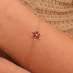 Ruby Bracelet, 14K Solid Gold Ruby Bracelet, Dainty initial Flower Bracelet, Minimalist Flower Ruby Bracelet, Christmas Gift, Birthday Gift