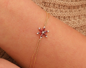 Ruby Bracelet, 14K Solid Gold Ruby Bracelet, Dainty initial Flower Bracelet, Minimalist Flower Ruby Bracelet, Christmas Gift, Birthday Gift