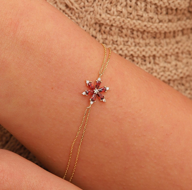 Ruby Bracelet, 14K Solid Gold Ruby Bracelet, Dainty initial Flower Bracelet, Minimalist Flower Ruby Bracelet, Christmas Gift, Birthday Gift image 1