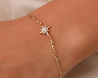 14K Gold North Star Bracelet, 14K Real Gold Celestial Bracelet, Dainty Custom Star Bracelet, Minimalist 14K Gold North Star Bracelet