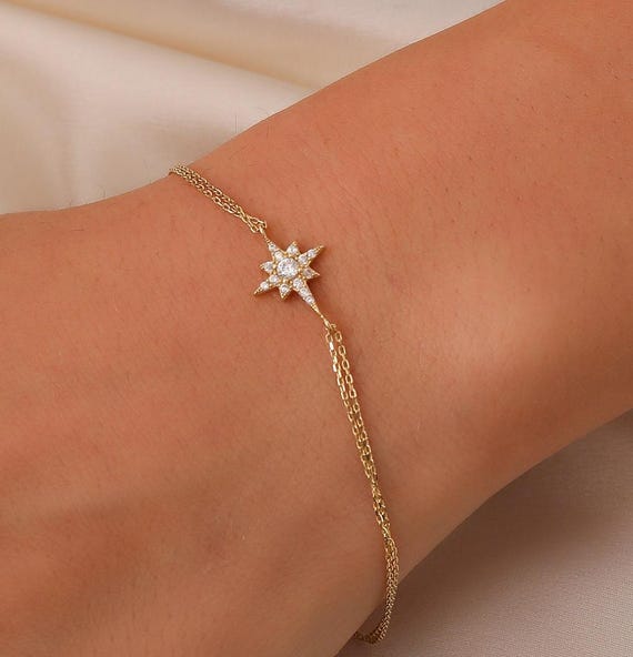 14K Gold North Star Bracelet, 14K Real Gold Celestial Bracelet, Dainty Custom Star Bracelet, Minimalist 14K Gold North Star Bracelet