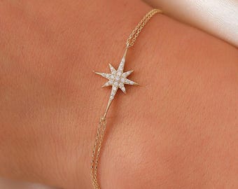 14K Gold North Star Bracelet, 14K Real Gold Celestial Bracelet, Dainty Custom Star Bracelet, Handmade 14K Gold North Star Bracelet