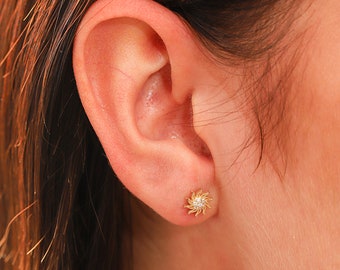 Sun Stud Earrings, 14K Solid Gold Sun Earrings, Dainty Custom Celestial Earrings, Minimalist 14K Gold Sun Stud Earrings, Christmas Gift