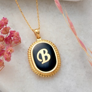 Collar de letras de oro sólido de 14K, colgante de letras de oro de 14K hecho a mano, collar de letras negras personalizado delicado, joyería de verano, regalo de cumpleaños