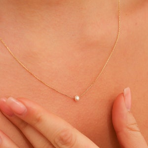 14K Gold Pearl Necklace, Tiny 14K Gold Pearl Necklace, Real 14K Gold Anniversary Necklace, Dainty initial Pearl Necklace, Summer Jewelry