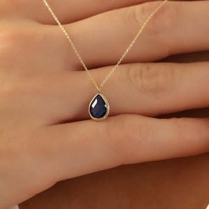 14K Gold Sapphire Necklace, Minimalist Sapphire Necklace, 14K Solid Gold Sapphire Necklace, Dainty initial Sapphire Pendant, Drop Necklace