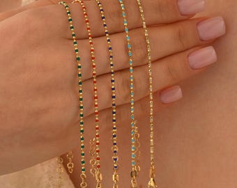 14K Solid Gold Beaded Chain Bracelet, Dainty initial Beaded Bracelet, Turquoise Enamel Bracelet, Christmas Gift, Tiny Ruby Enamel Bracelet