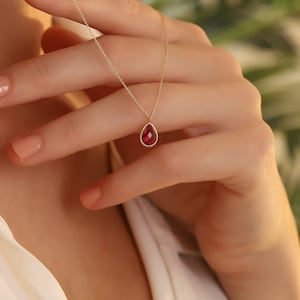 14K Gold Ruby Necklace, Minimalist Ruby Necklace, 14K Solid Gold Wedding Necklace, Dainty initial Ruby Pendant, Drop Necklace