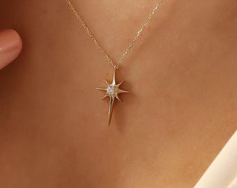 14K Gold North Star Necklace, Minimalist Gold Star Pendant, 14K Solid Gold  Celestial Necklace, Handmade North Star Necklace, Summer Jewelry