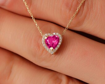 14K Gold Heart Ruby Necklace, Dainty Engagement Jewelry, Minimalist Love Necklace