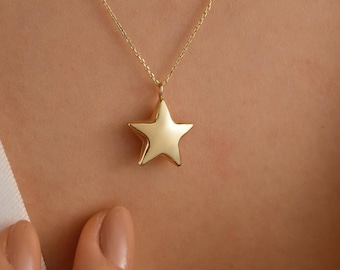 Collana a forma di stella in oro 14 carati, ciondolo a forma di stella con palloncino minimalista, collana celeste in oro massiccio 14 carati, delicata collana a forma di stella personalizzata, ciondolo in oro giallo