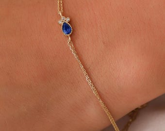 Braccialetto in zaffiro minuscolo, bracciale in vero zaffiro in oro 14 carati, bracciale in zaffiro con iniziale delicata, bracciale per anniversario in oro 14 carati fatto a mano